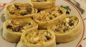 Закусочные рулетики из лаваша с кальмаром.Готовим дома.